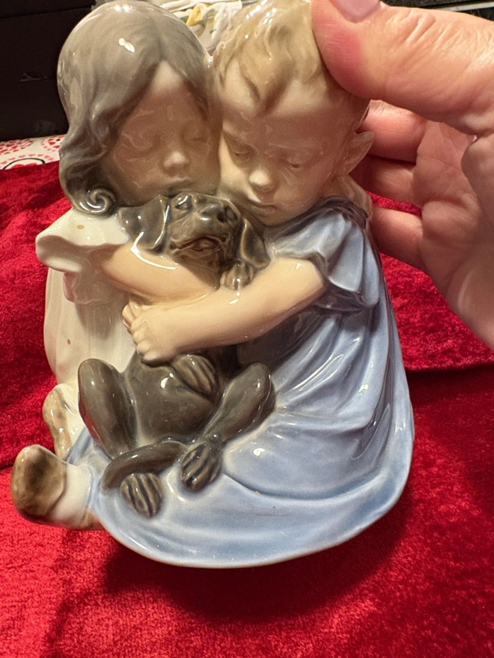 Vintage Porcelain hand painted of Two Children Hugging Puppy Royal Copenhagen